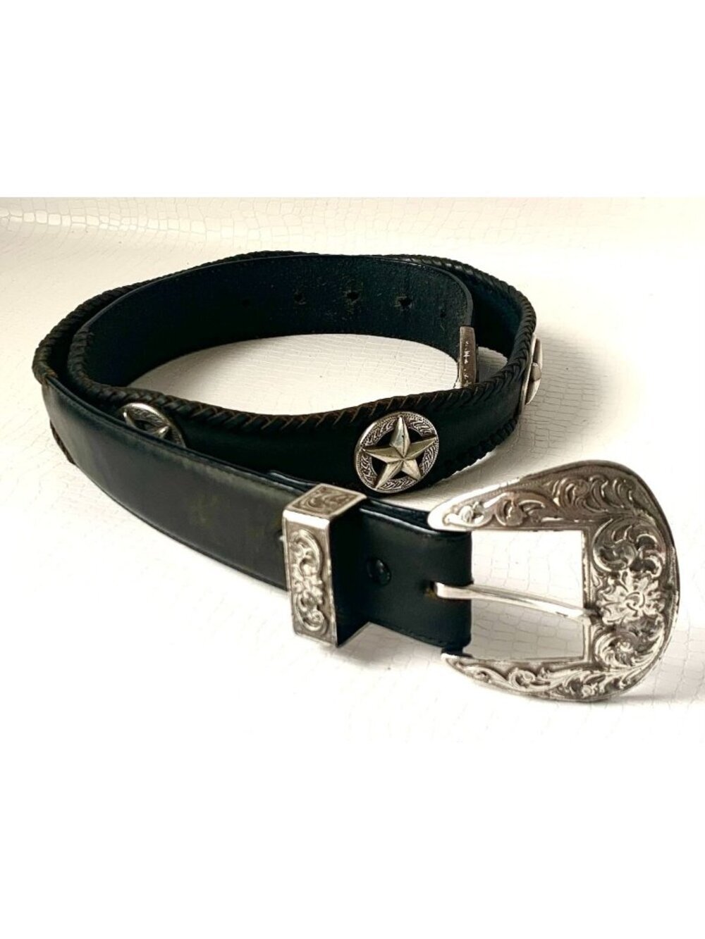 Vintage 1995 Black Leather Belt With Silver-Tone Buckle & Star Accents Size 36 W